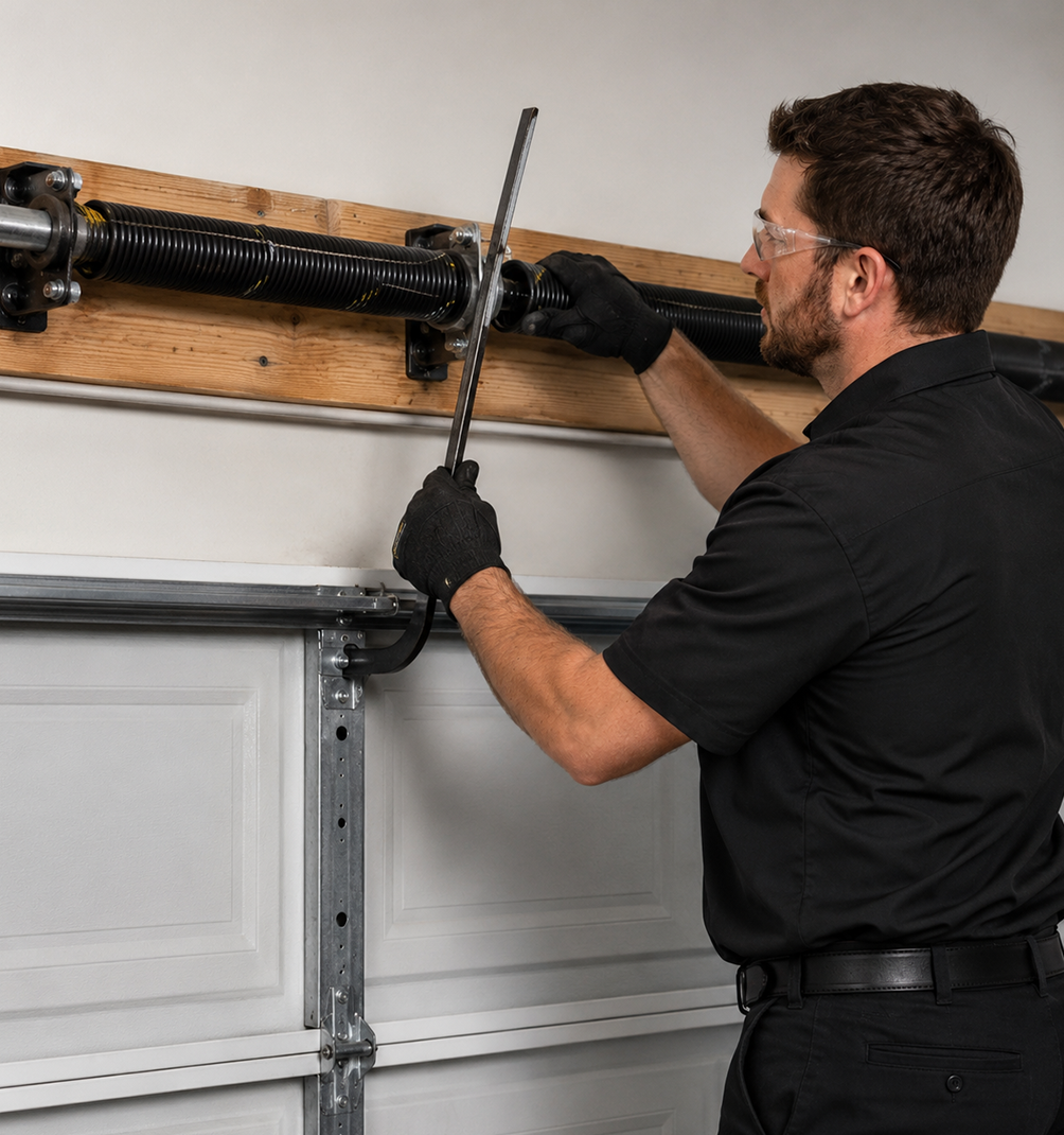 Garage Door Spring Repair Technician in Black Uniform