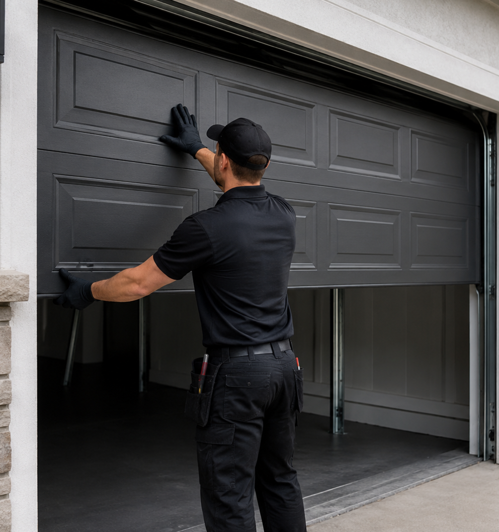 Garage door panel installation with technician outside home