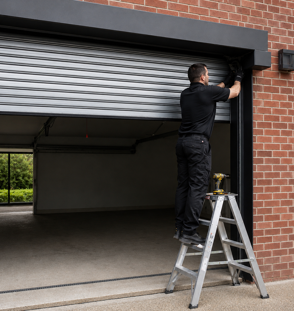 Roller Garage Door Installation Technician Working on Modern Garage Door