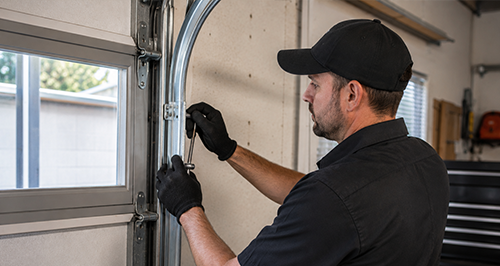 Emergency Garage Door Track Repair Technician Adjusting Residential Garage Door Track