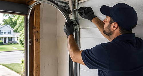Emergency Garage Door Track Repair Service Technician Fixing Damaged Track